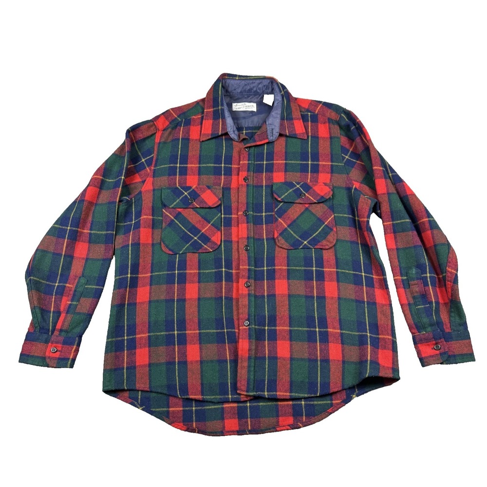 Vintage Sears Roebuck Shirt Mens Large Plaid‎ Wool Blend Flannel Red Green 80s
